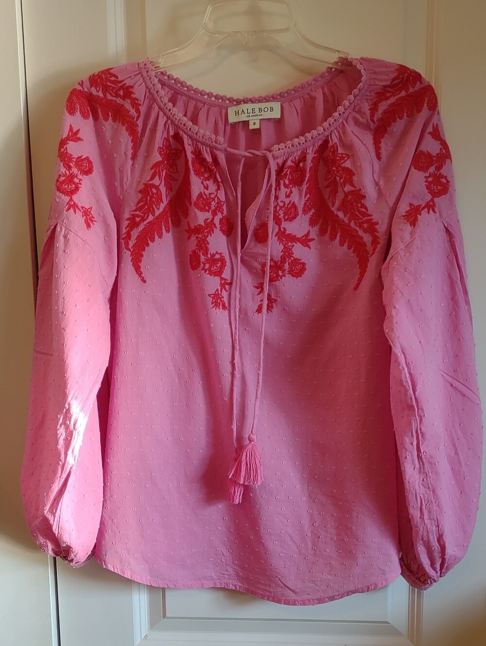 Hale Bob Pink Peasant Blouse with Red Floral Embroidery